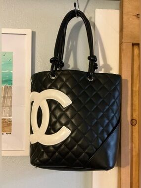 CHANEL Leather Quilted Tote Bag Cambon Lambskin Black
White